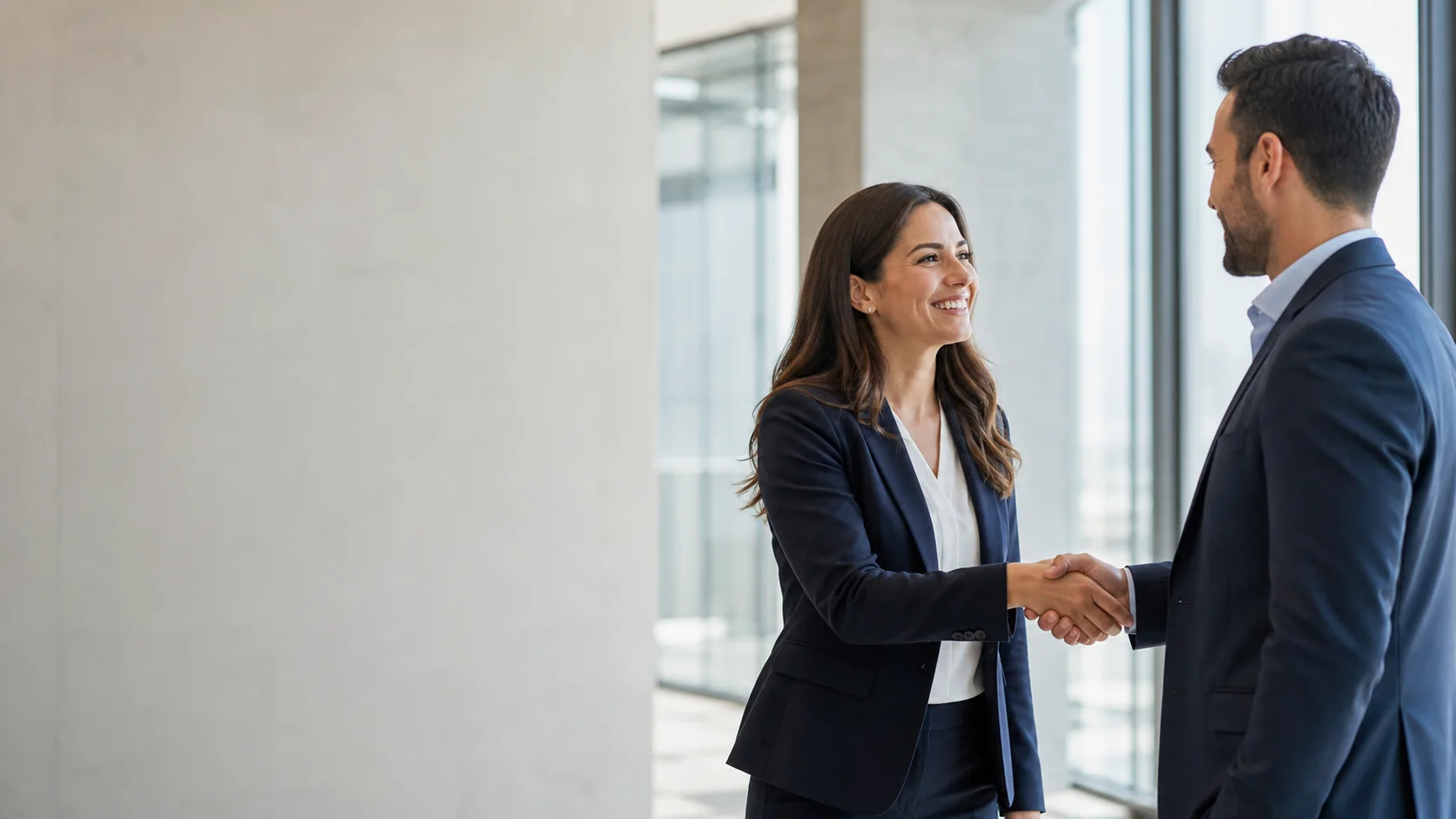 Dos profesionales cerrando un acuerdo de negocios en una oficina moderna